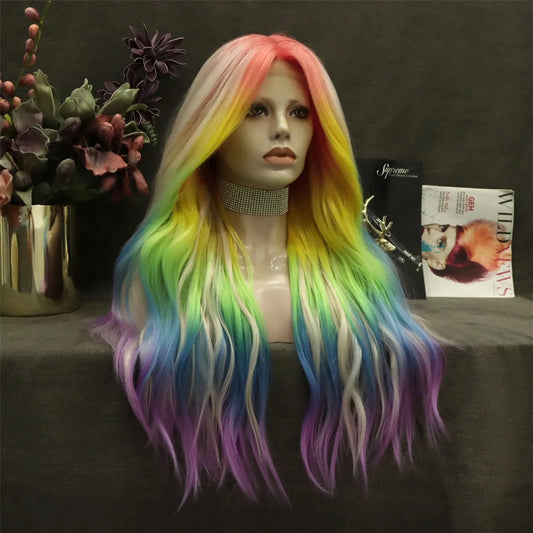 26 Inches / N31-sunrise-GL Celebrity Wig  ombre rainbow  curly Daily life Wearing futura Henlon fiberLace front cheap synthetic Wigs
