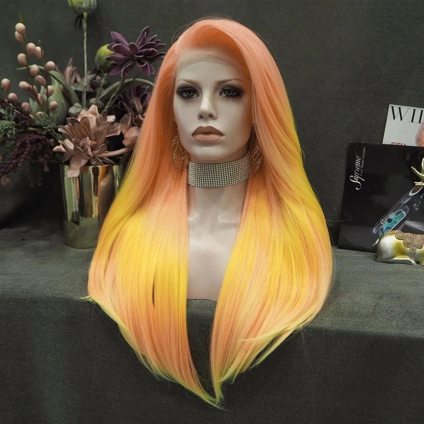 26 Inches / NH7-C199-GL Wholesale Heat Resistant  straight orange yellow  Futura Matte Fiber Cosplay Luxury Synthetic Lace Front Wig For Women Grag Wigs