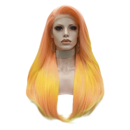 26 Inches / NH7-C199-GL Wholesale Heat Resistant  straight orange yellow  Futura Matte Fiber Cosplay Luxury Synthetic Lace Front Wig For Women Grag Wigs
