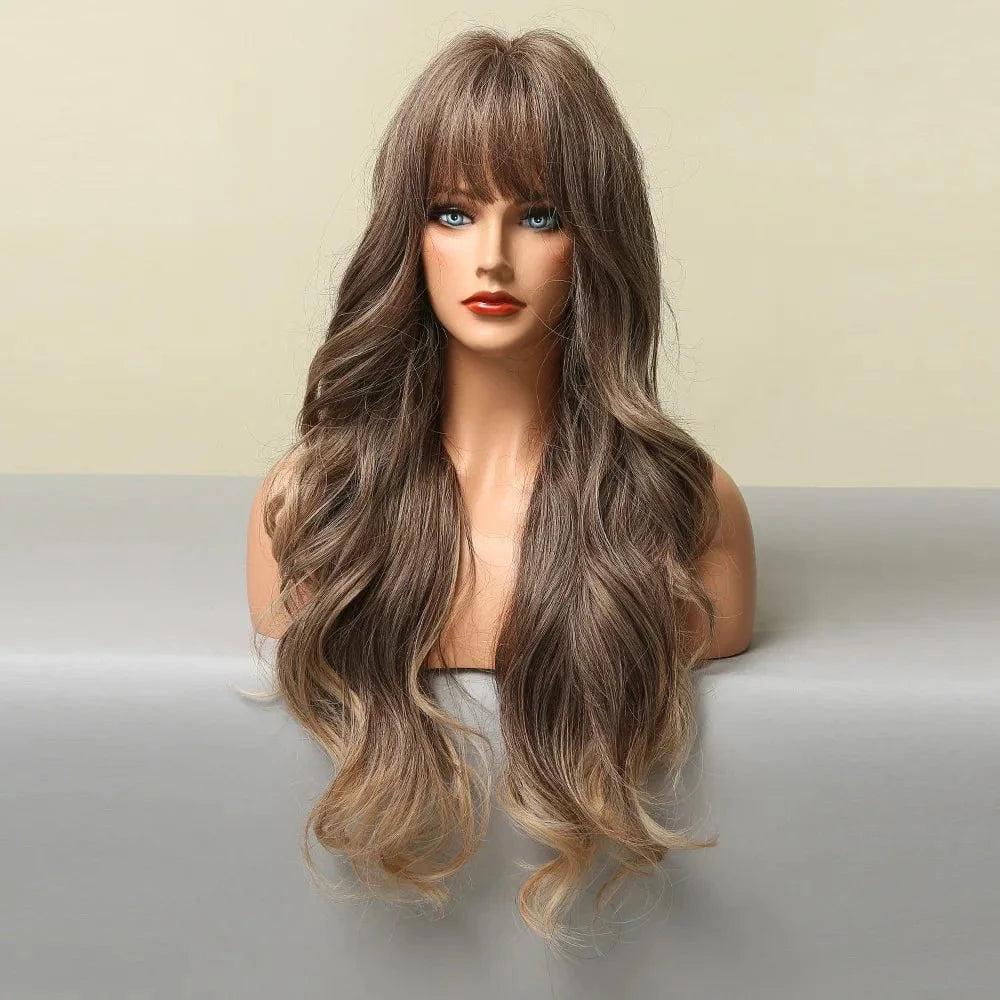 26 Inches / Pic Showed 26" Cheap Pixie Cut Curly Highlight Brown Full Lace Wigs With Lowest Price Ombre Brown Synthetic Hair Wigs With Bangs For Women