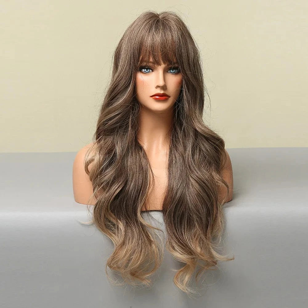 26 Inches / Pic Showed 26" Cheap Pixie Cut Curly Highlight Brown Full Lace Wigs With Lowest Price Ombre Brown Synthetic Hair Wigs With Bangs For Women