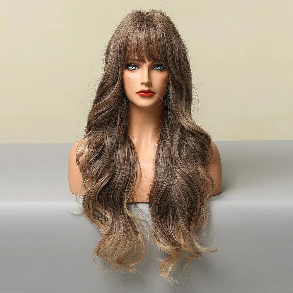 26 Inches / Pic Showed 26" Cheap Pixie Cut Curly Highlight Brown Full Lace Wigs With Lowest Price Ombre Brown Synthetic Hair Wigs With Bangs For Women