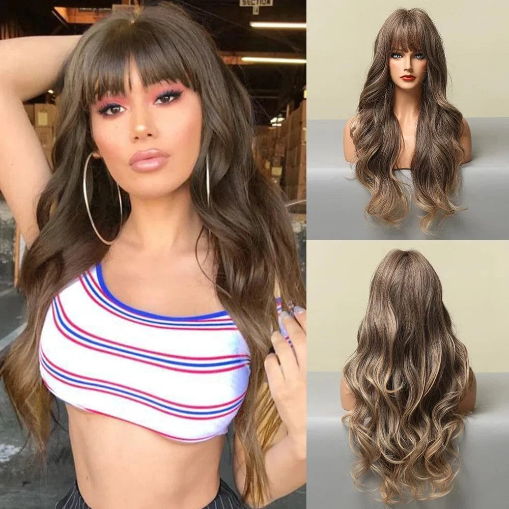 26 Inches / Pic Showed 26" Cheap Pixie Cut Curly Highlight Brown Full Lace Wigs With Lowest Price Ombre Brown Synthetic Hair Wigs With Bangs For Women