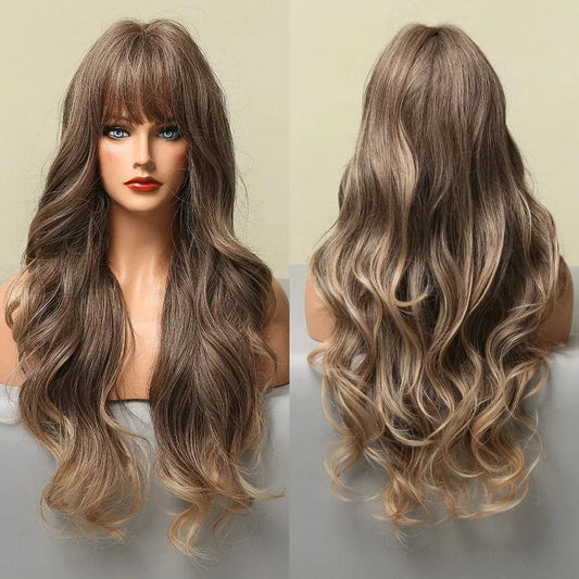 26 Inches / Pic Showed 26" Cheap Pixie Cut Curly Highlight Brown Full Lace Wigs With Lowest Price Ombre Brown Synthetic Hair Wigs With Bangs For Women