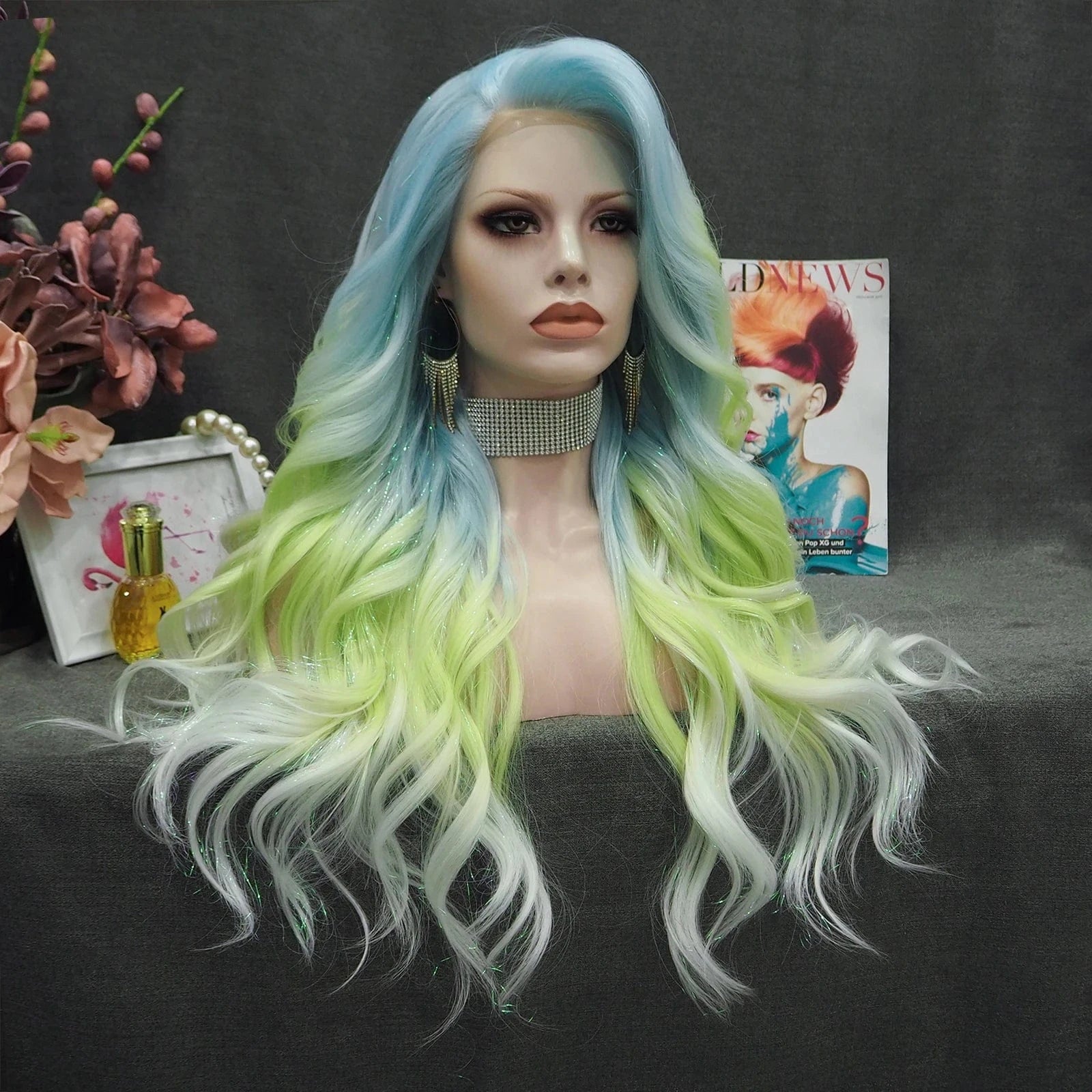 26 Inches / Picture color Celebrity Wig Synthetic Hair Wigs Heat Resistant fiber Mixed with Tinsel Fiber Premium Synthetic Cosplay Wigs