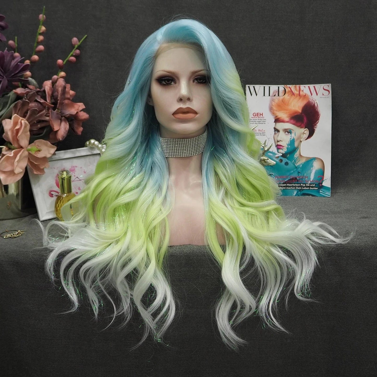 26 Inches / Picture color Celebrity Wig Synthetic Hair Wigs Heat Resistant fiber Mixed with Tinsel Fiber Premium Synthetic Cosplay Wigs