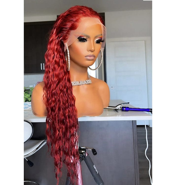 26 Inches / Picture color Dropshipping Red Natural Water Wave Wig Virgin Human Hair Lace Front Wigs for Black women