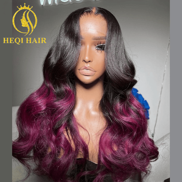 26 Inches / Purple Highlight Wig Two Tone Ombre 1b/purple Color  Long Length HD Lace Front Closure Wig Remy Virgin 613  Colored Human Hair Wigs