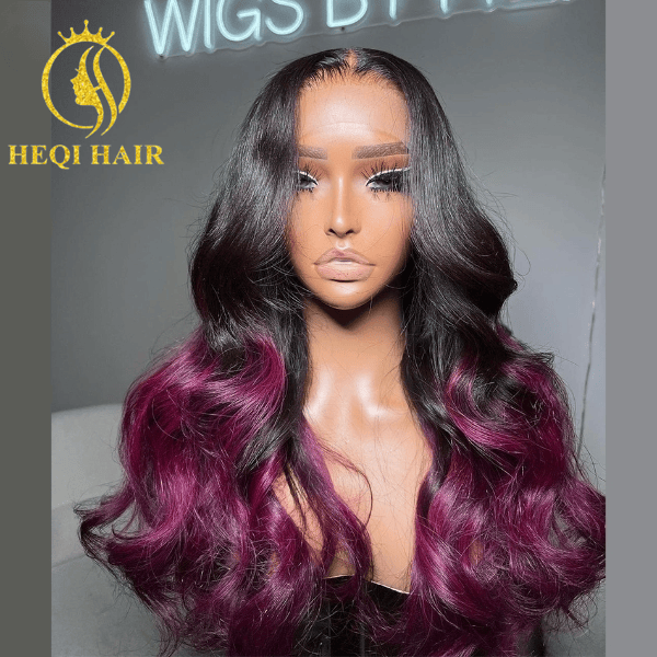26 Inches / Purple Highlight Wig Two Tone Ombre 1b/purple Color  Long Length HD Lace Front Closure Wig Remy Virgin 613  Colored Human Hair Wigs