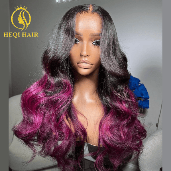 26 Inches / Purple Highlight Wig Two Tone Ombre 1b/purple Color  Long Length HD Lace Front Closure Wig Remy Virgin 613  Colored Human Hair Wigs