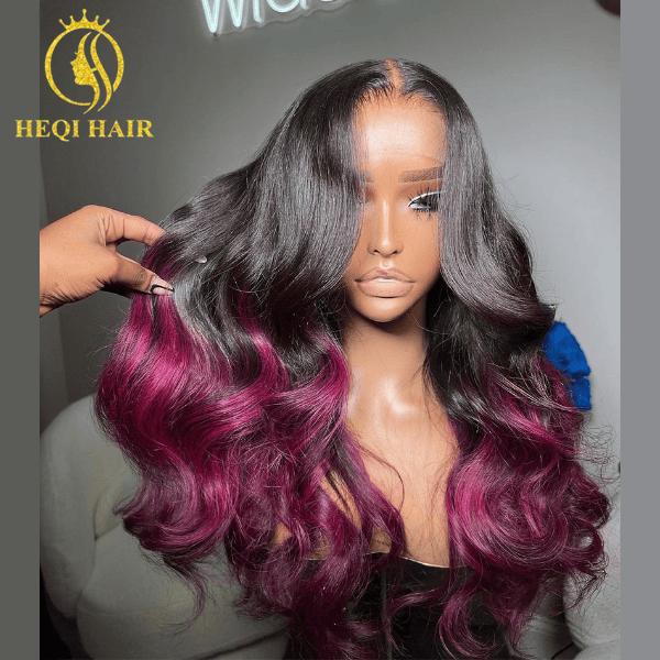 26 Inches / Purple Highlight Wig Two Tone Ombre 1b/purple Color  Long Length HD Lace Front Closure Wig Remy Virgin 613  Colored Human Hair Wigs