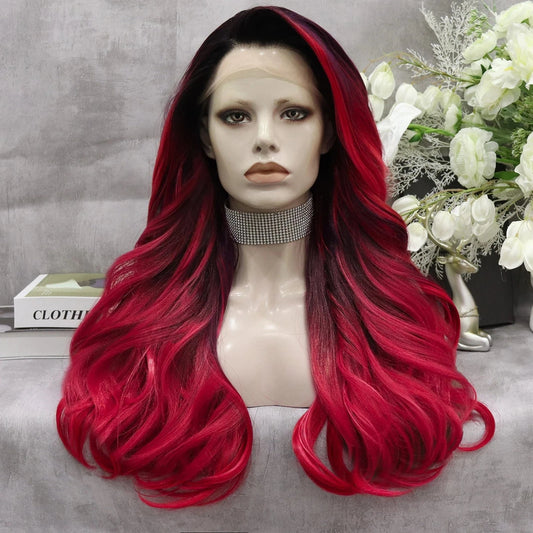 26 Inches / S1-2001-01-GL Celebrity Wig  New Designed ombre red color Daily life Wearing futura Matte fiber Synthetic Lace front Wigs