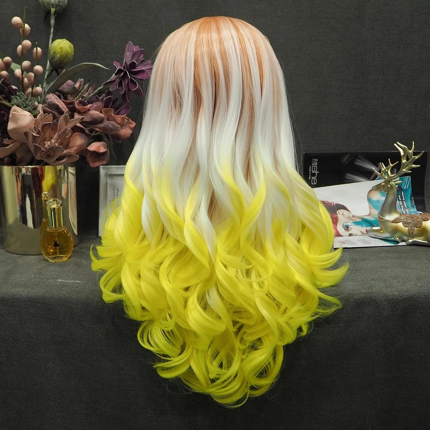 26 Inches / S23-2026-GL Celebrity Wig  New Designed ombre orange white yellow color Daily life Wearing futura Henlon fiber Synthetic Lace front Wigs