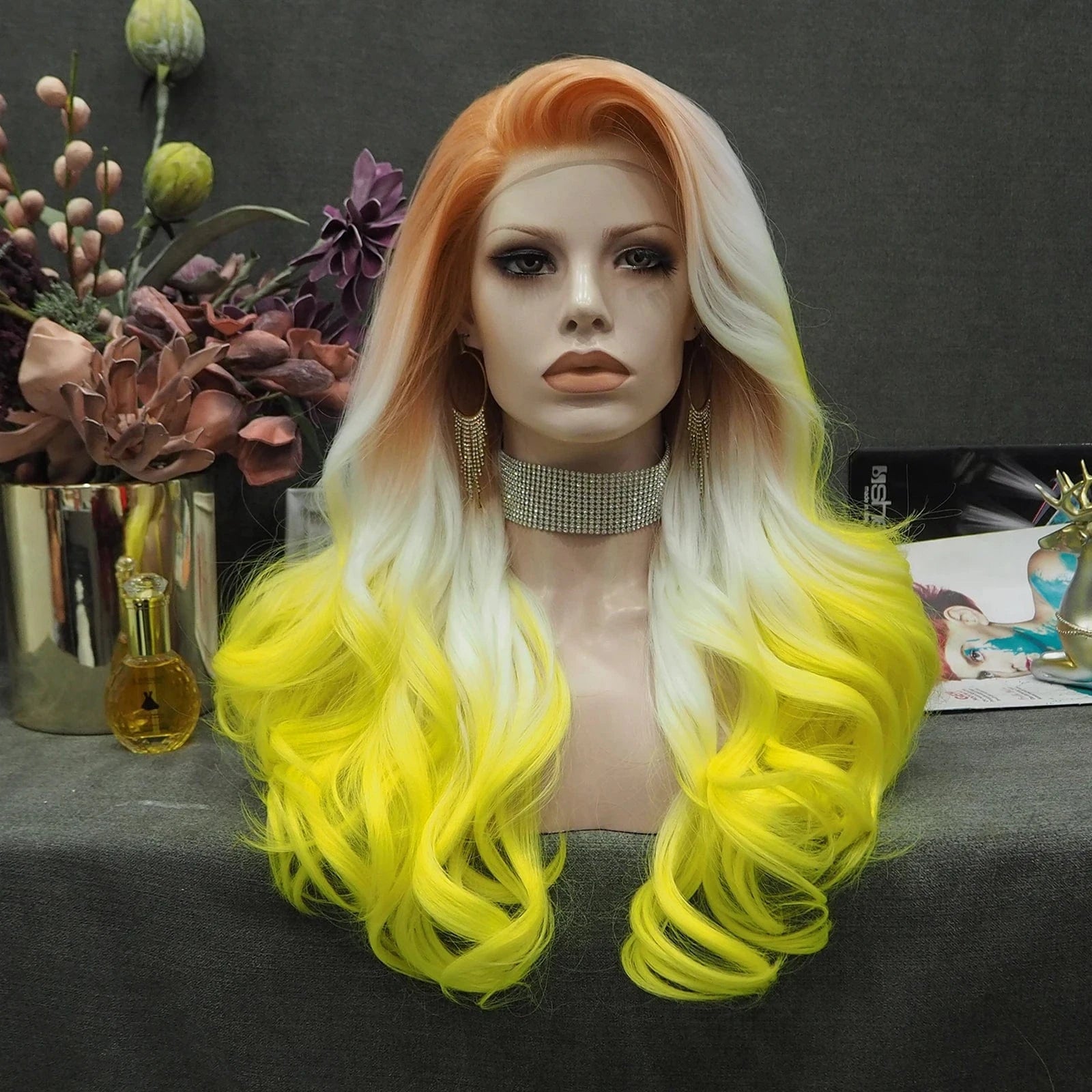 26 Inches / S23-2026-GL Celebrity Wig  New Designed ombre orange white yellow color Daily life Wearing futura Henlon fiber Synthetic Lace front Wigs