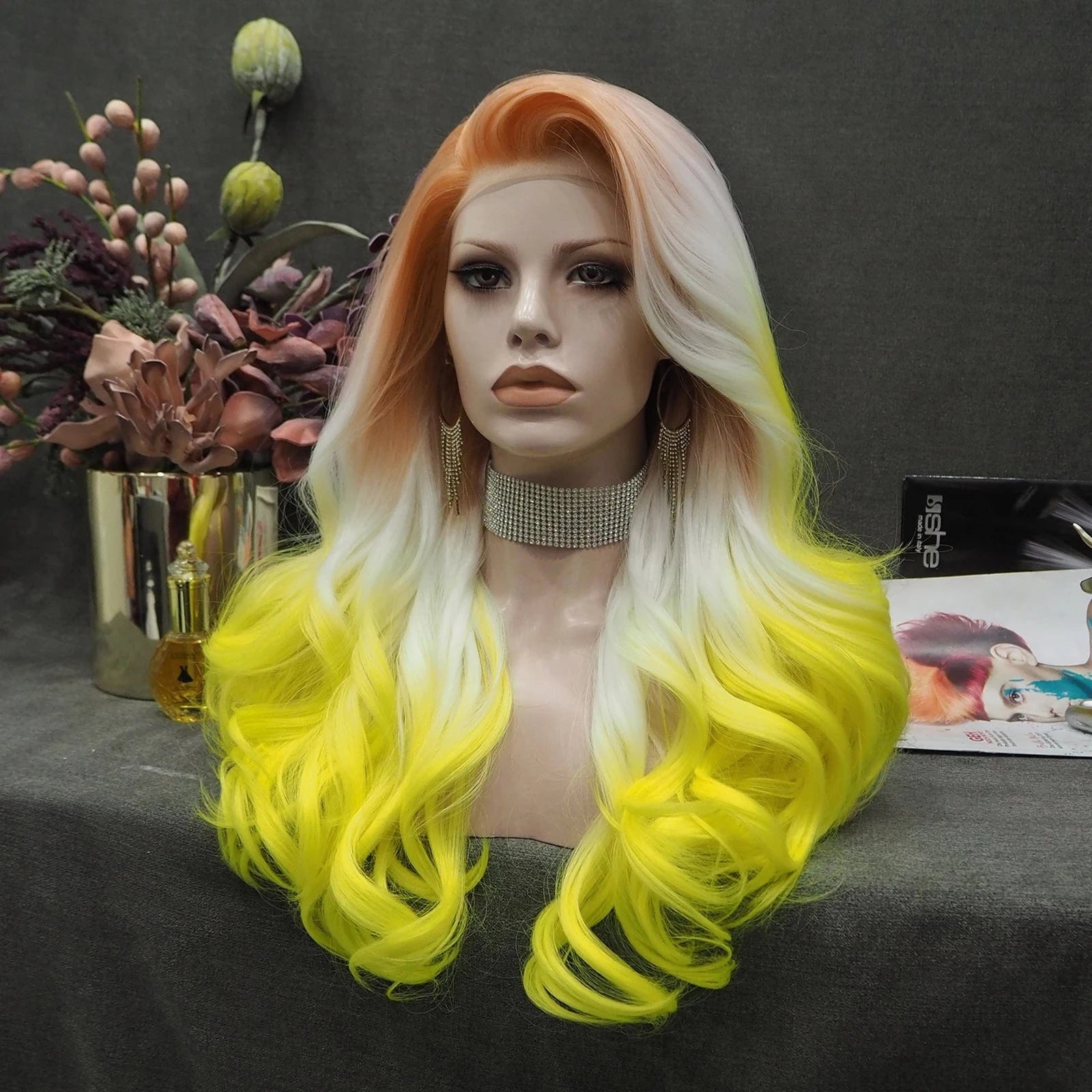 26 Inches / S23-2026-GL Celebrity Wig  New Designed ombre orange white yellow color Daily life Wearing futura Henlon fiber Synthetic Lace front Wigs
