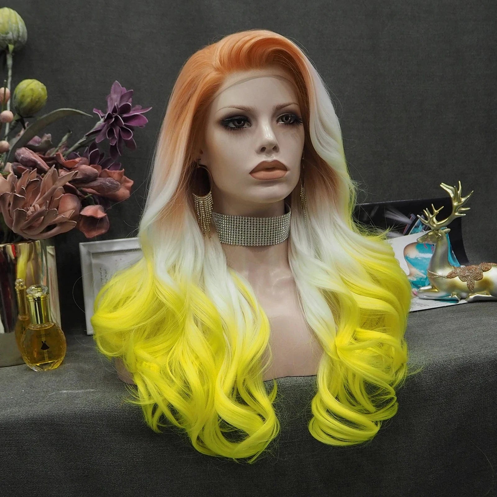 26 Inches / S23-2026-GL Celebrity Wig  New Designed ombre orange white yellow color Daily life Wearing futura Henlon fiber Synthetic Lace front Wigs