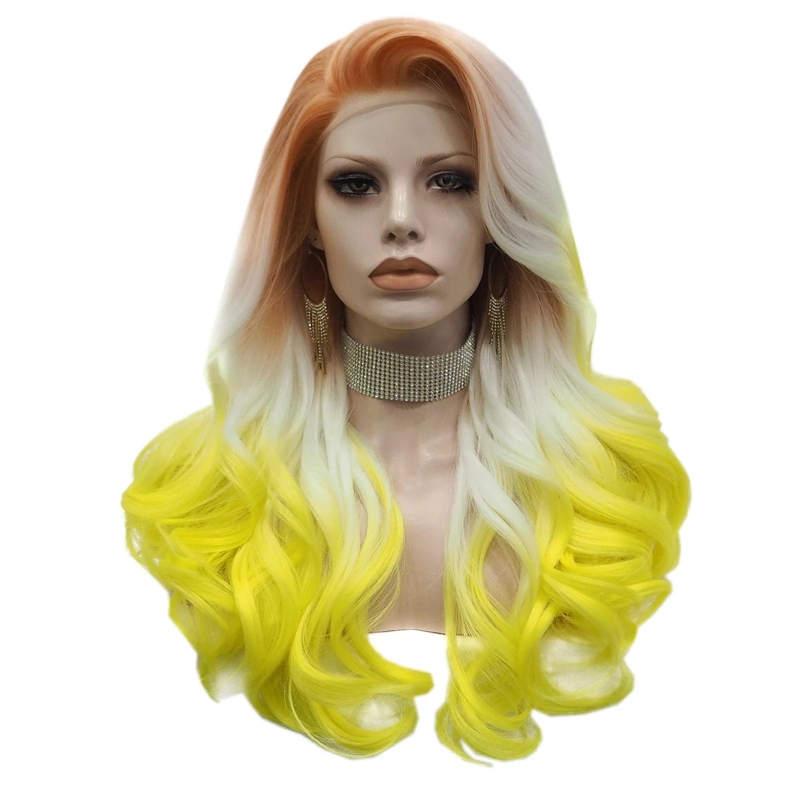 26 Inches / S23-2026-GL Celebrity Wig  New Designed ombre orange white yellow color Daily life Wearing futura Henlon fiber Synthetic Lace front Wigs
