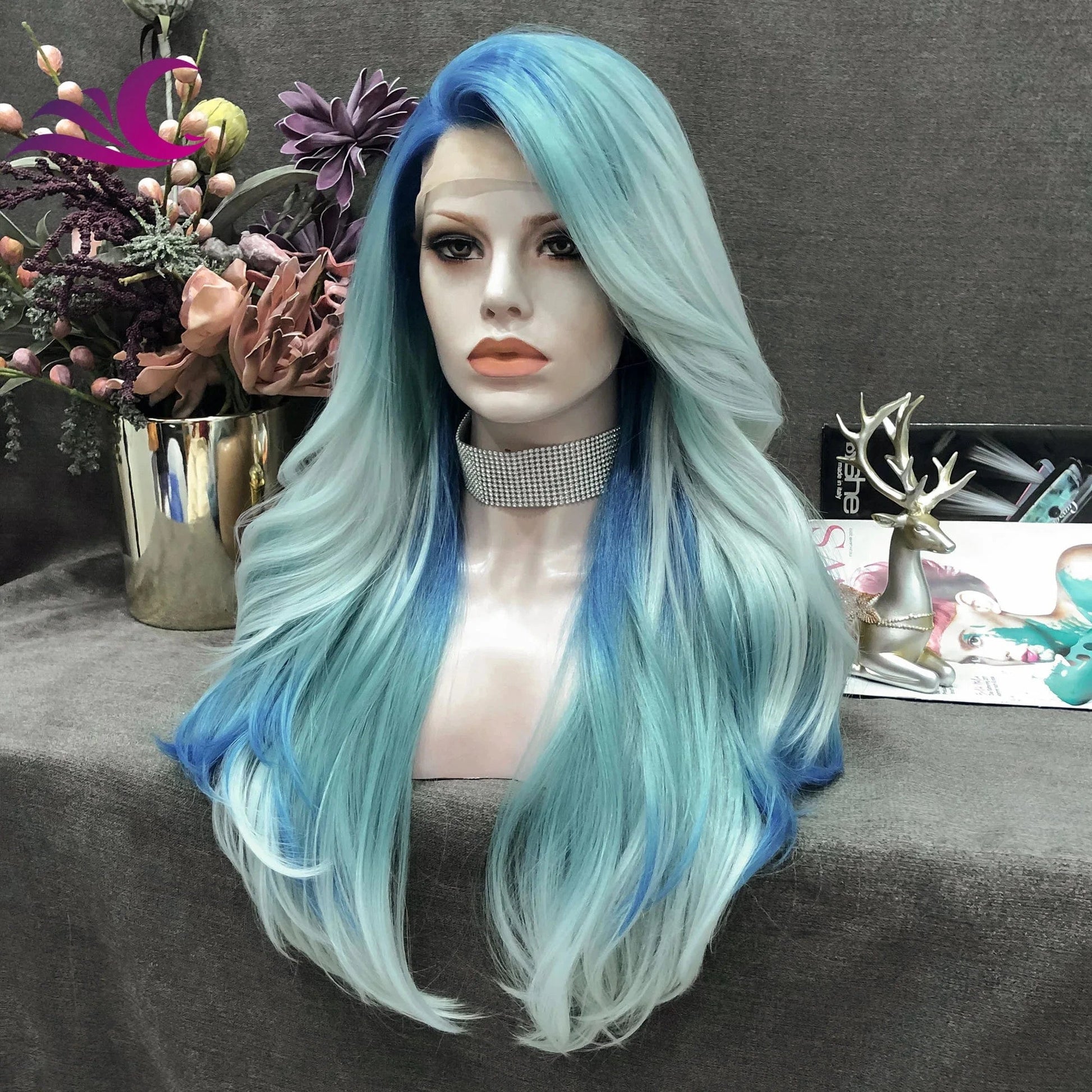 26 Inches / S24-2027 Celebrity wholesale Heat Resistant Fiber Cosplay  Long Natural Hair Wavy drag queen Wig For Woman ombre blue synthetic wigs