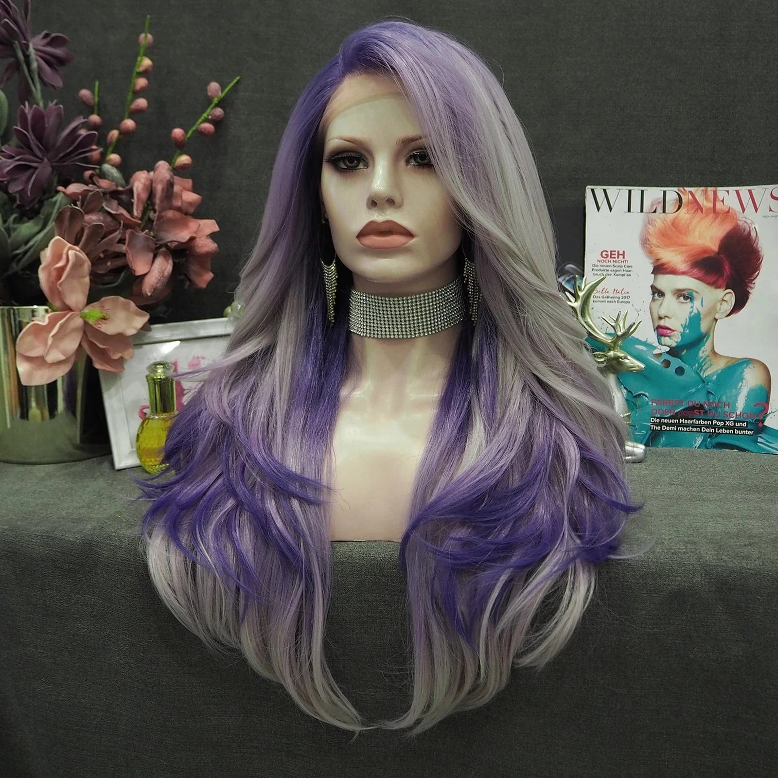 26 Inches / S24-2121-GL Celebrity Wig  New Designed ombre purple gray color Daily life Wearing futura Henlon fiber Synthetic Lace front Wigs