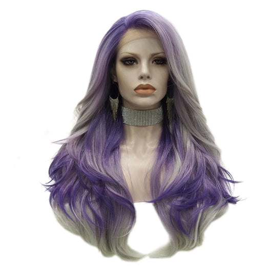 26 Inches / S24-2121-GL Celebrity Wig  New Designed ombre purple gray color Daily life Wearing futura Henlon fiber Synthetic Lace front Wigs