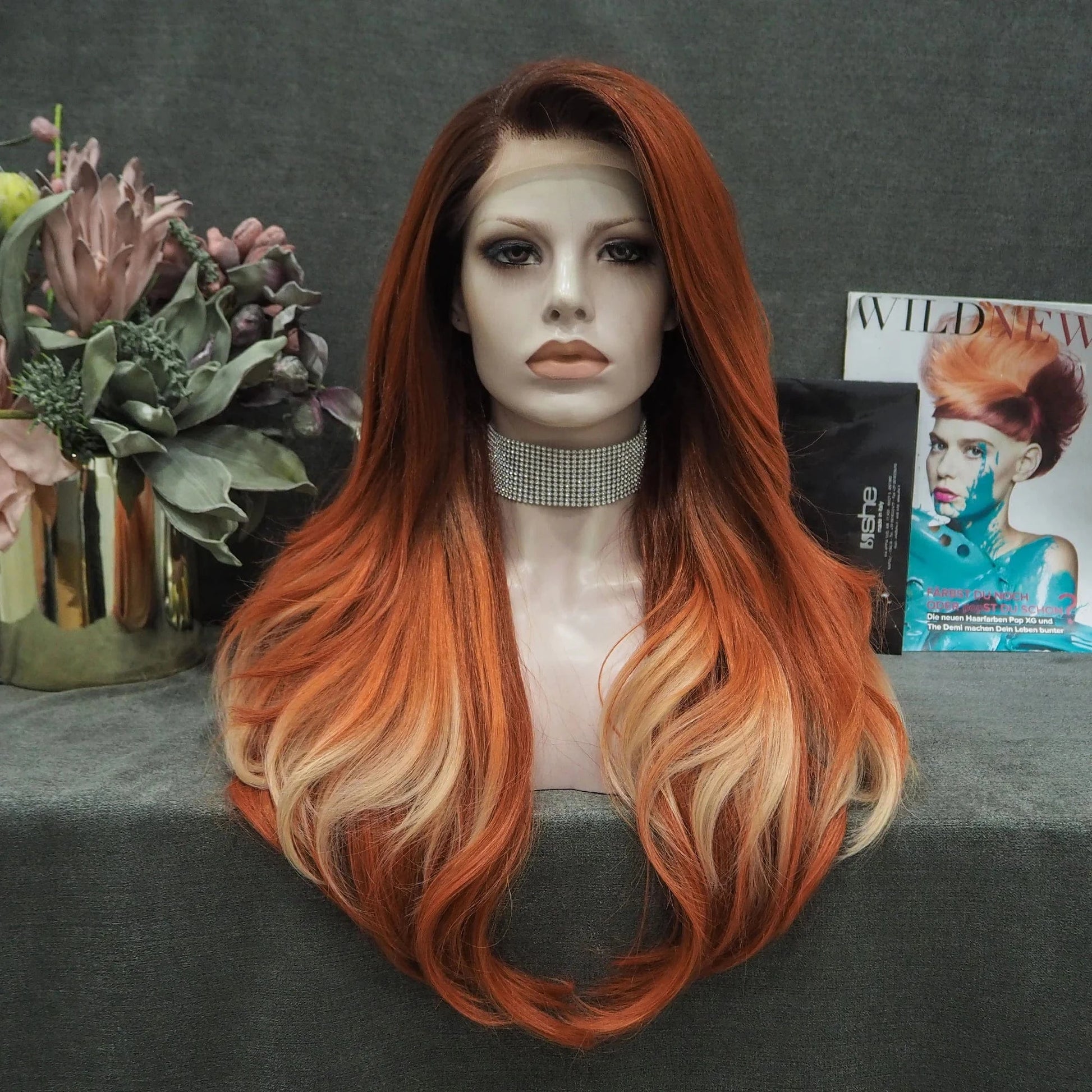 26 Inches / S24-2163-GL Celebrity Wig  New Designed dark root orangel color Daily life Wearing futura Henlon fiber Synthetic Lace front Wigs
