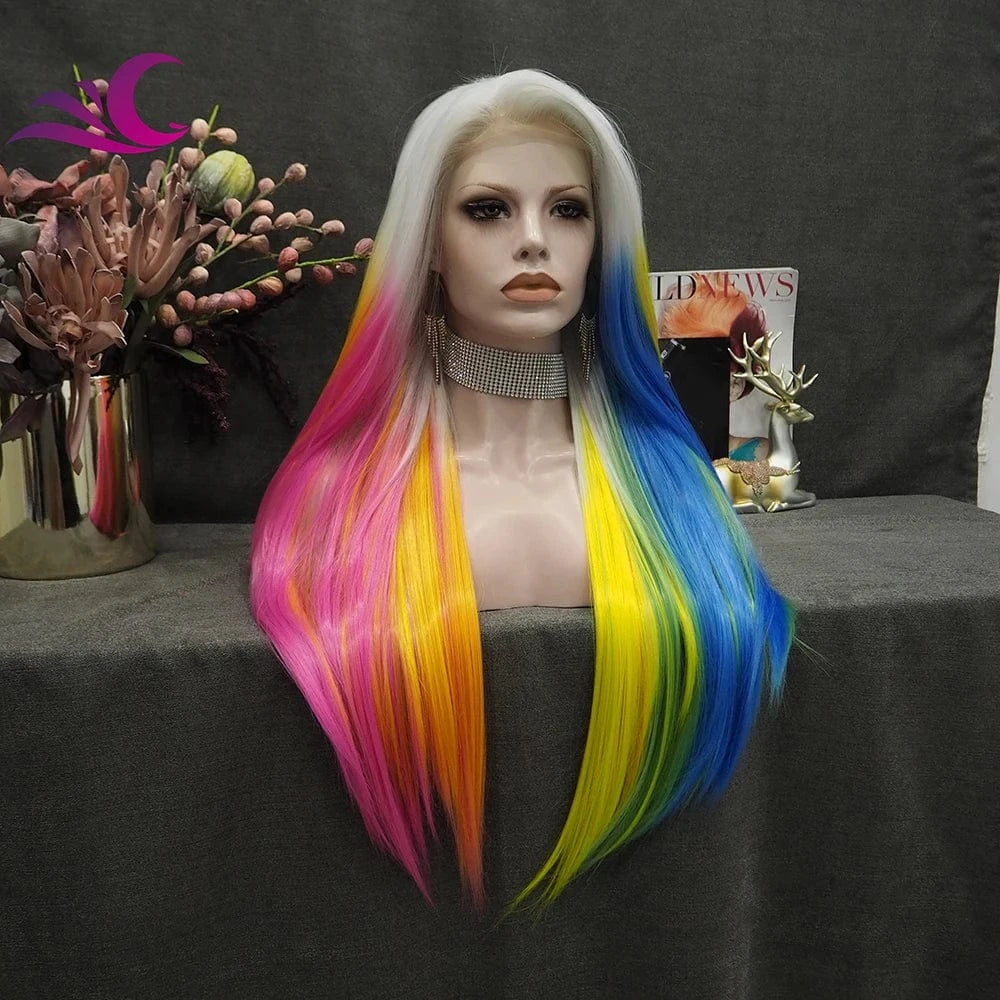26 Inches / S32-2137 Celebrity Wholesale Fashion Rainbow Multicolor Silky Straight Heat Resistant Futura Fiber Synthetic Hair Lace Front Wig