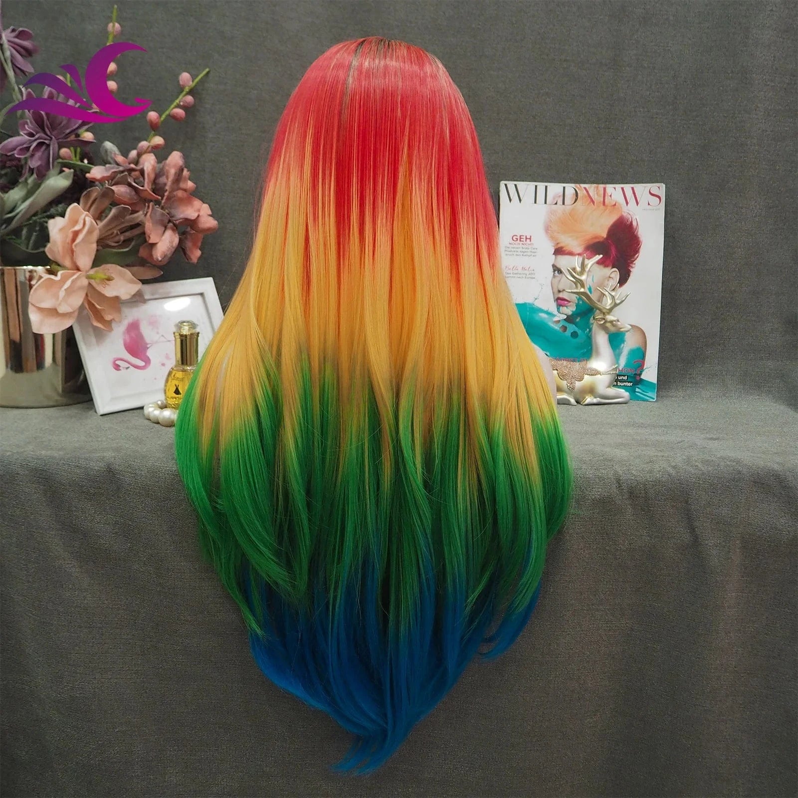 26 Inches / S33-2118 Celebrity Rainbow Synthetic Lace Front Wig Long Straight Hair Multicolor Wigs For Party Colorful Wig