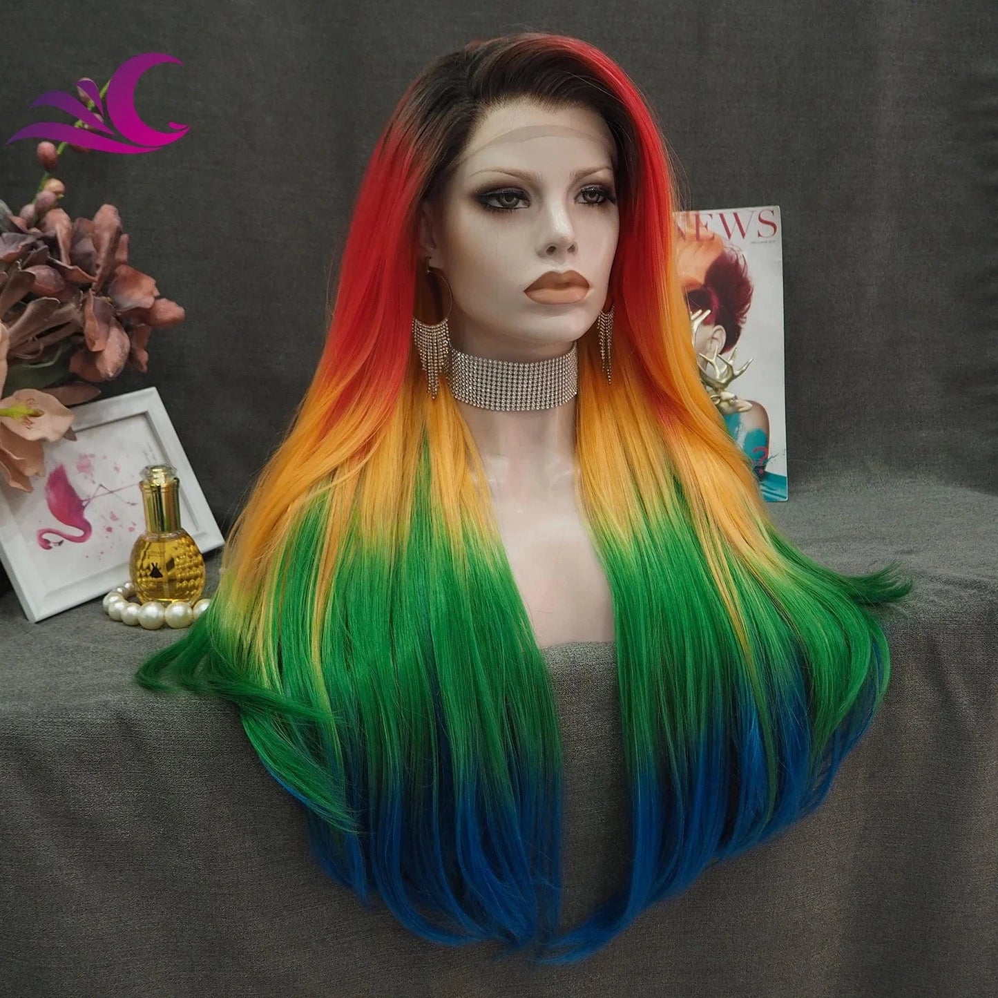 26 Inches / S33-2118 Celebrity Rainbow Synthetic Lace Front Wig Long Straight Hair Multicolor Wigs For Party Colorful Wig