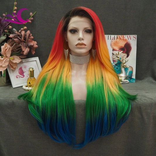 26 Inches / S33-2118 Celebrity Rainbow Synthetic Lace Front Wig Long Straight Hair Multicolor Wigs For Party Colorful Wig