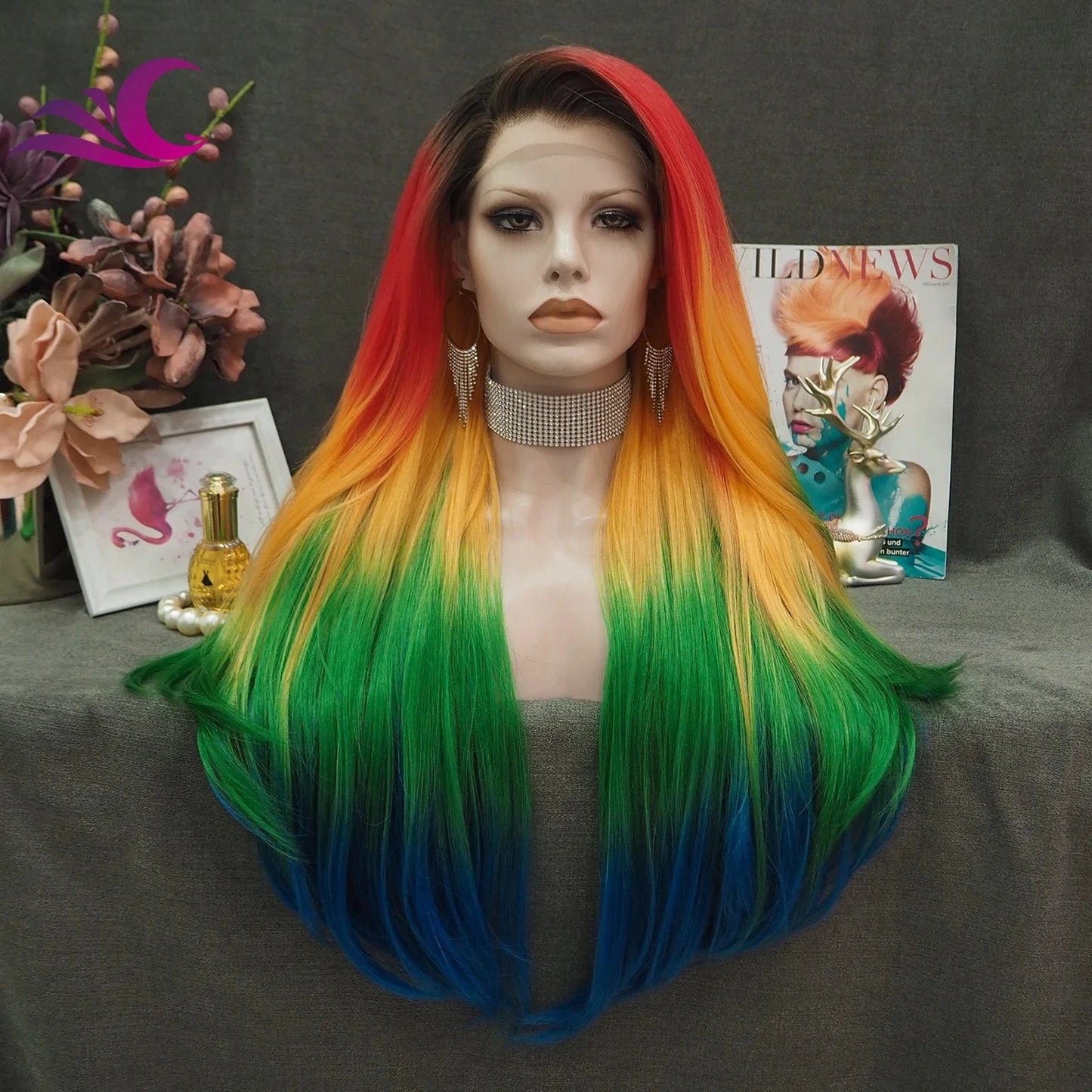 26 Inches / S33-2118 Celebrity Rainbow Synthetic Lace Front Wig Long Straight Hair Multicolor Wigs For Party Colorful Wig
