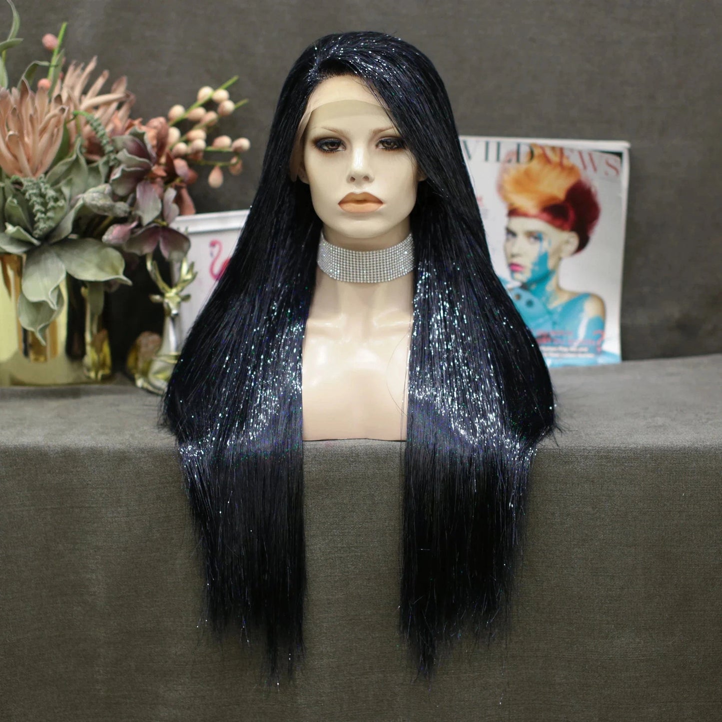 26 Inches / Stinsel-black Tinsel Lace Front Wig Bone Straight Overnight Delivery Open Cap Synthetic Lace wigs for Party
