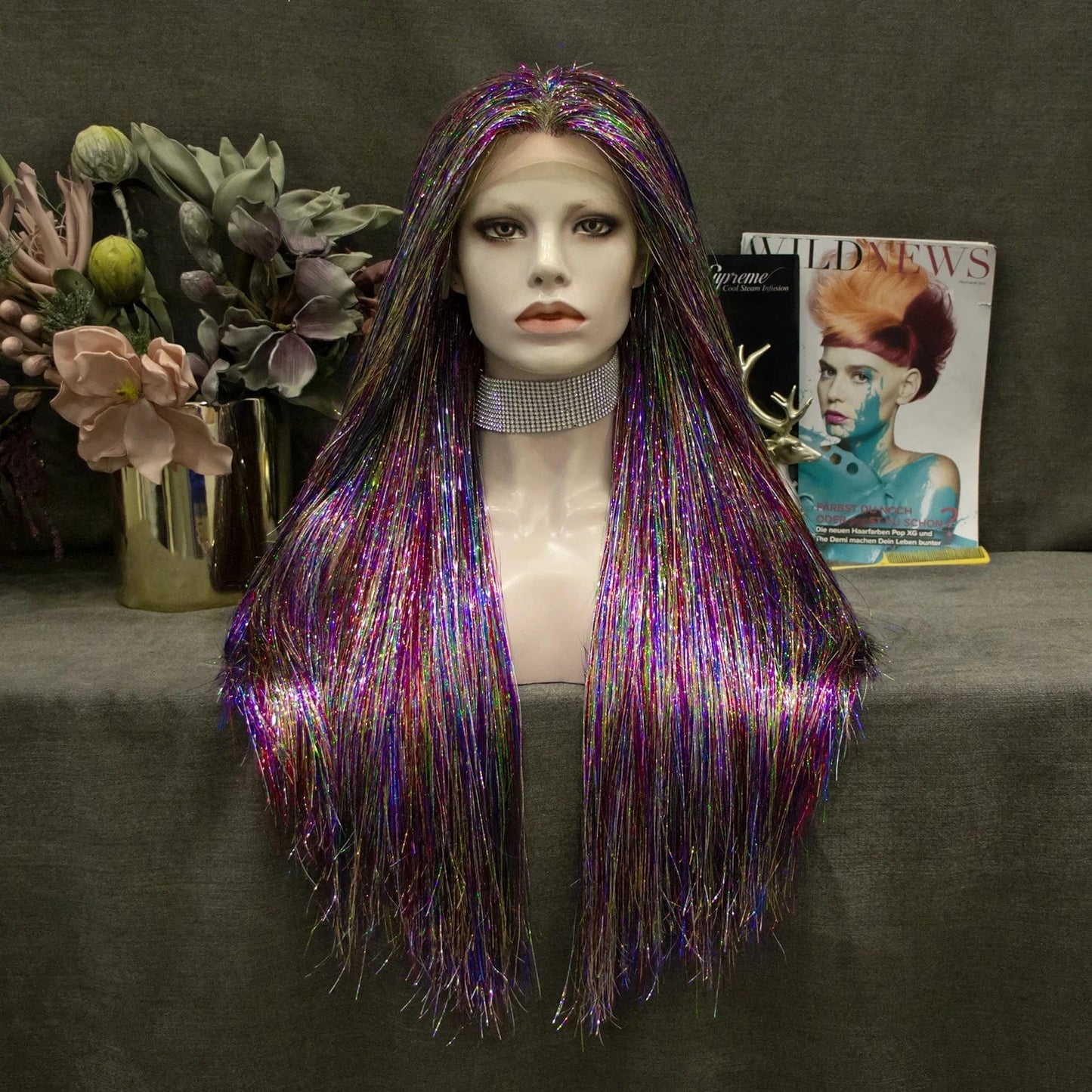 26 Inches / Stinsel-Colorful Tinsel Lace Front Wig Bone Straight Overnight Delivery Open Cap Synthetic Lace wigs for Party