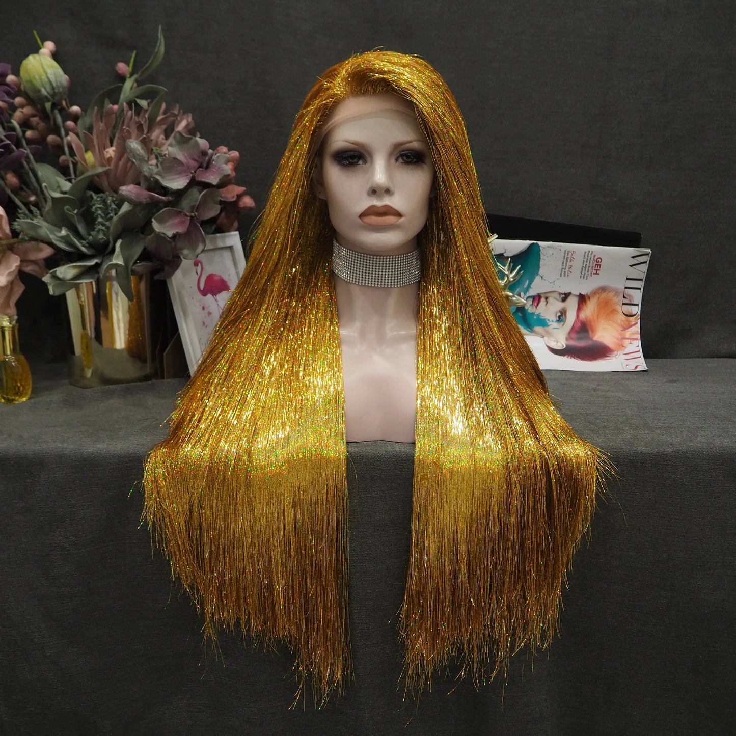 26 Inches / STinsel-Golden Tinsel Lace Front Wig Bone Straight Overnight Delivery Open Cap Synthetic Lace wigs for Party