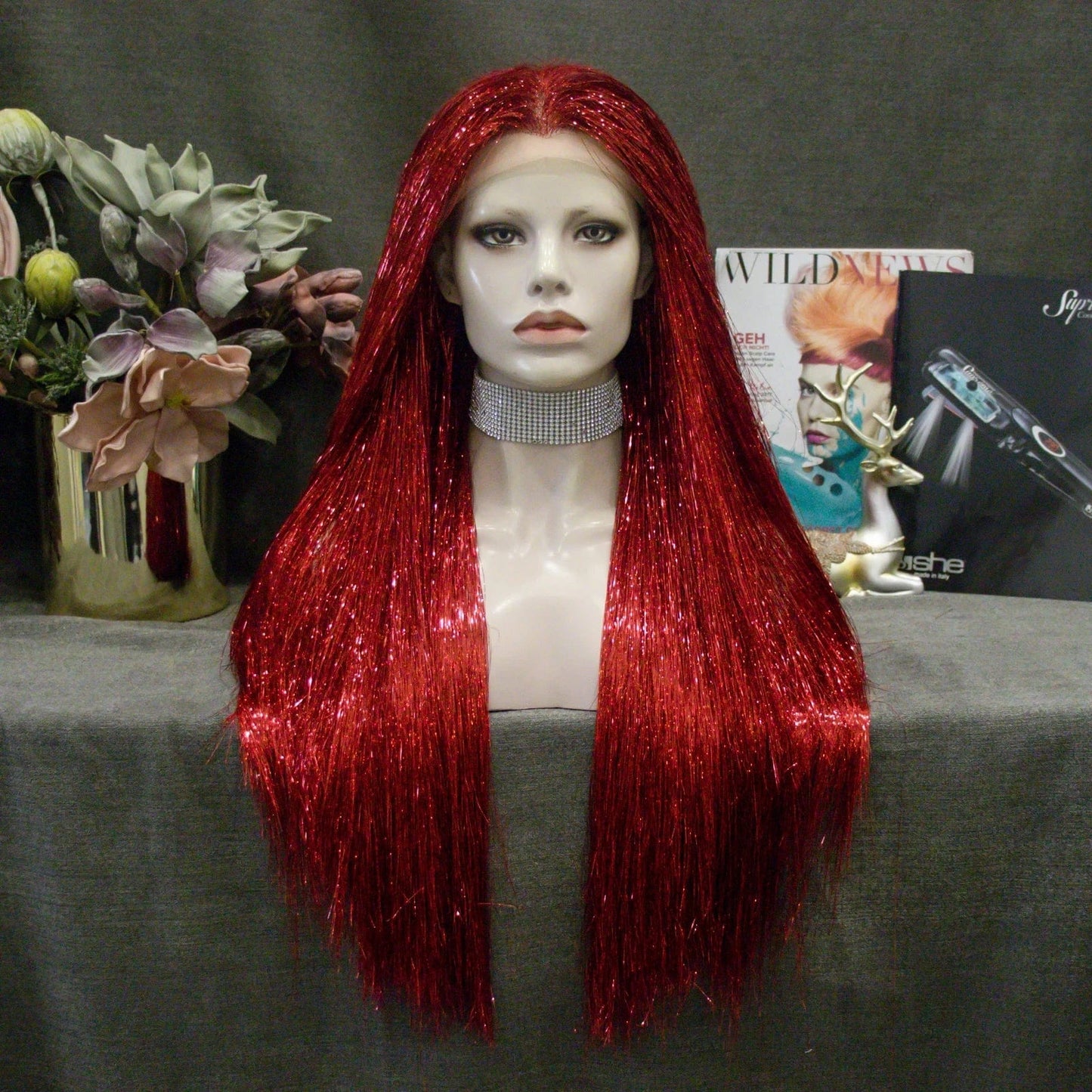 26 Inches / Stinsel-Red Tinsel Lace Front Wig Bone Straight Overnight Delivery Open Cap Synthetic Lace wigs for Party