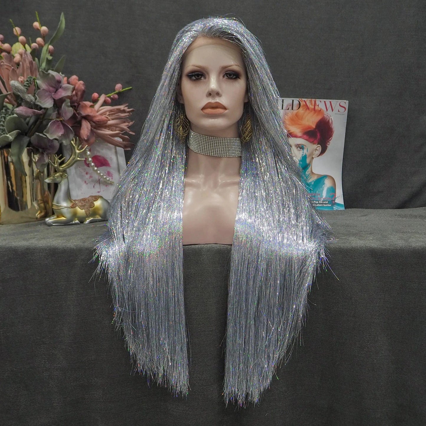 26 Inches / Stinsel-Silver Tinsel Lace Front Wig Bone Straight Overnight Delivery Open Cap Synthetic Lace wigs for Party