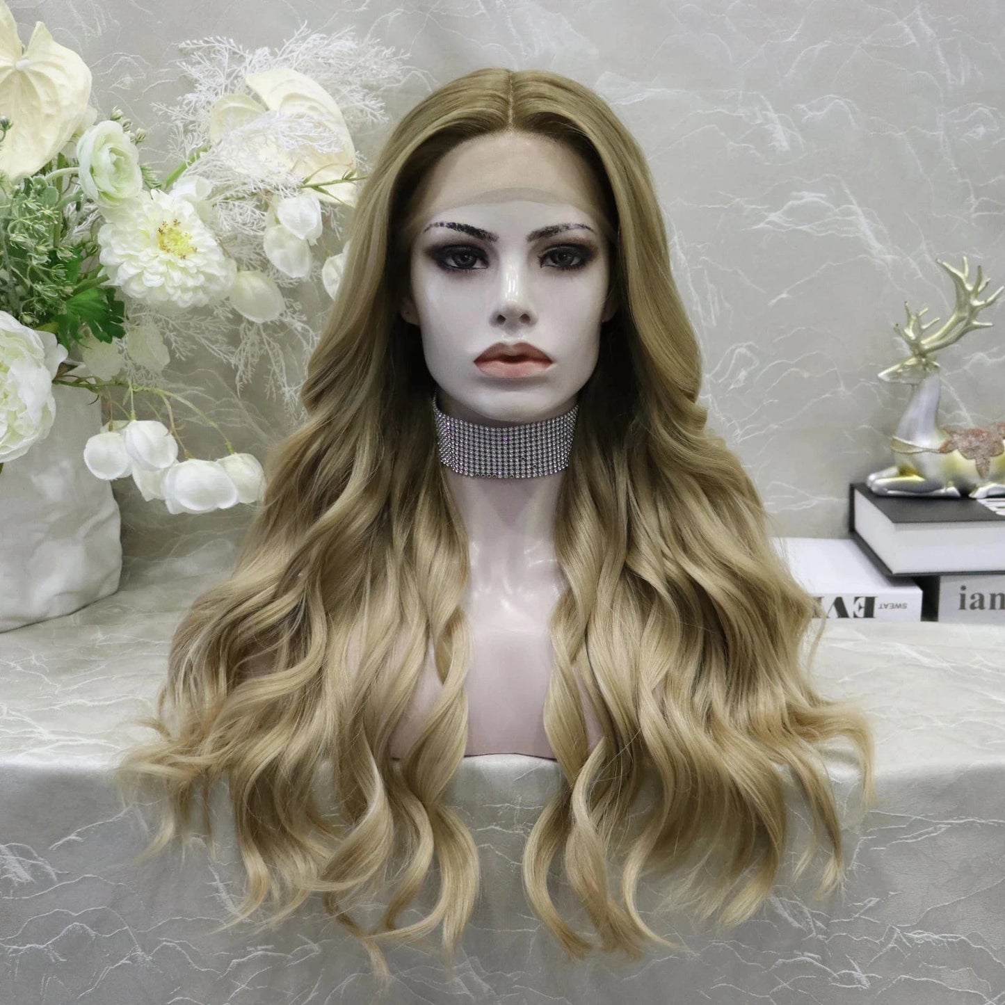 26 Inches / T1FH001-01 Celebrity Multicolor Blond Ombre Colored Wigs Body Wave Premium Futura Matte Heat Resistant Fiber Synthetic Lace Wig