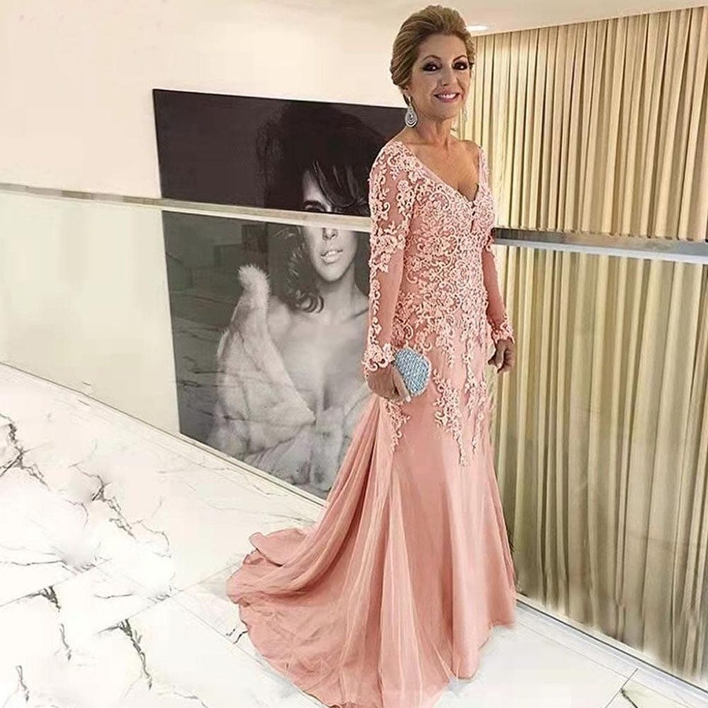 26 / Pink Elegant Blue Silver Mother of the Bride Dresses Long Sleeves 2022 V Neck Godmother Evening Dresses Wedding Party Guest Gowns New