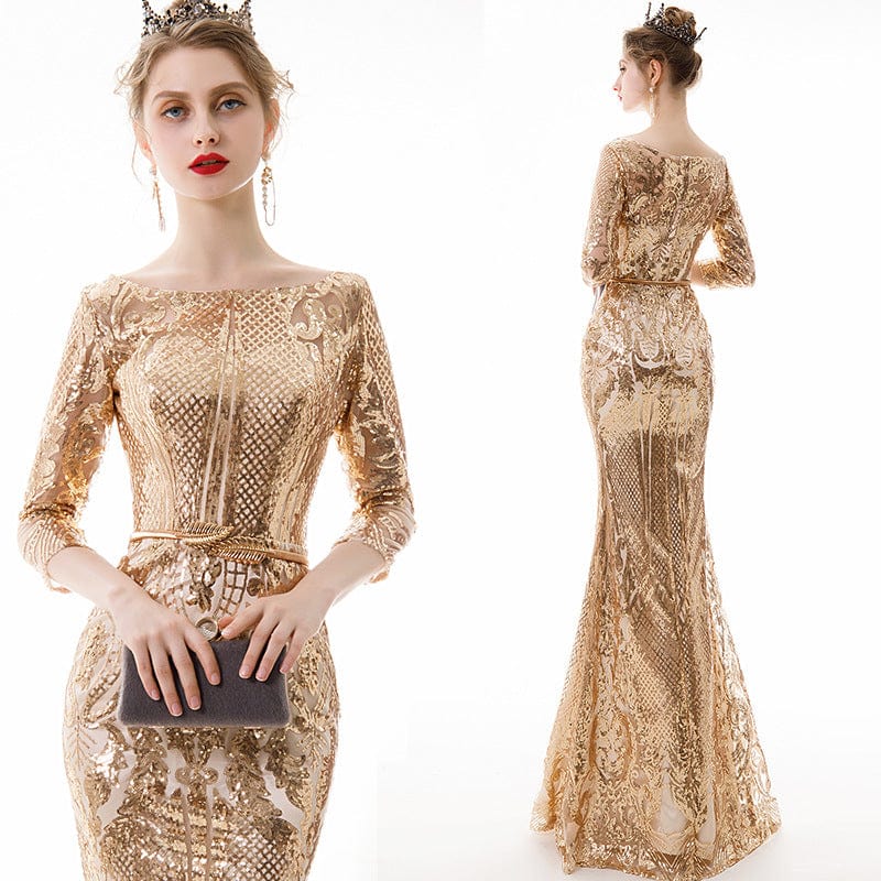 26W / 2 / Floor Length Mid Sleeve Gold Mermaid Sequin Women Evening Dress  o neck party formal Long night dresses drop shipping fulfill