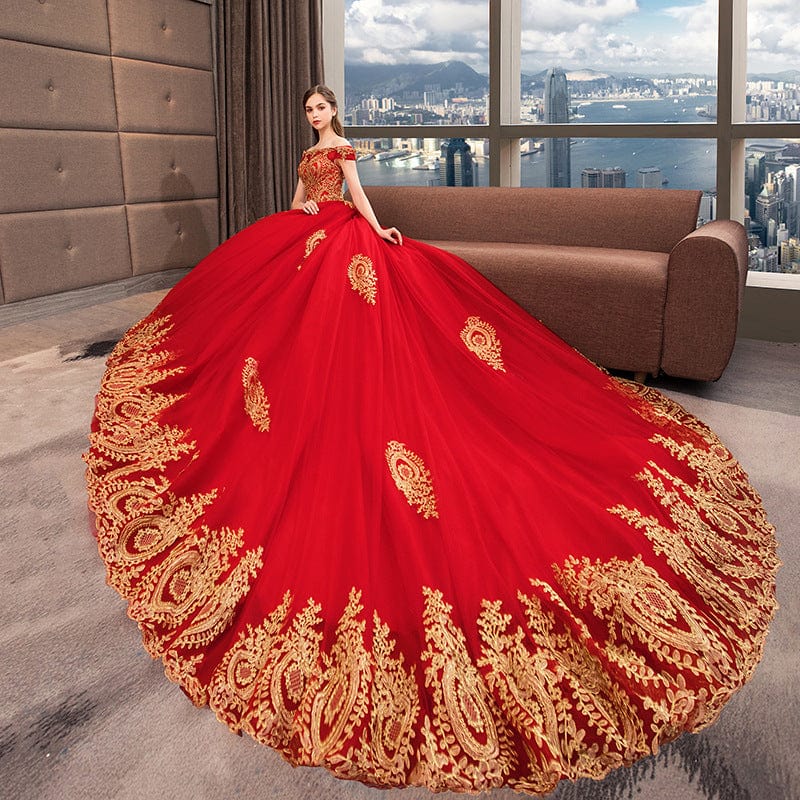 26W / 3 / Floor Length Appliqued Gold Lace Off Shoulder Ball gown wedding Evening pattern Red Muslim Asian European American Traditional dress