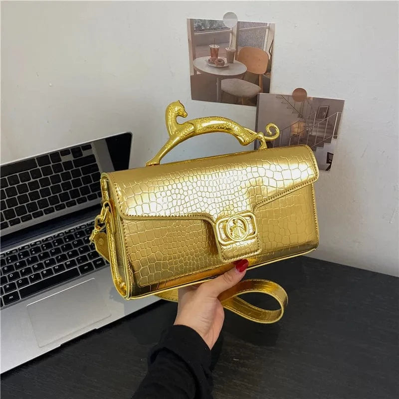 26x5x14cm / 9163 Gold Luxury Leopard Alligator Pattern leather Bags Colorful Crossbody Bag Causal Crocodile Shoulder Bag Small Flap Top-handle Clutch