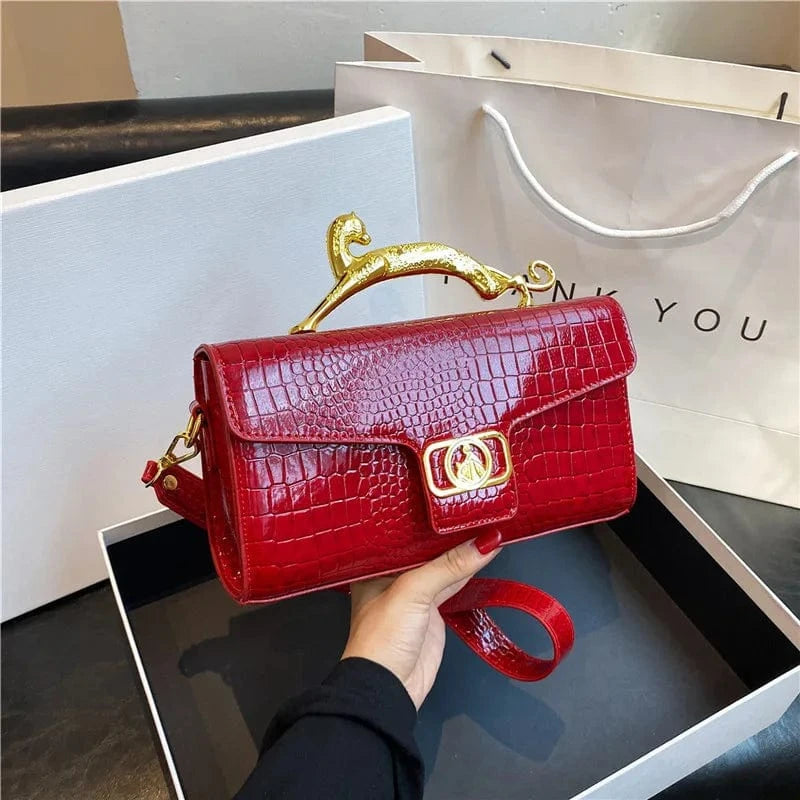 26x5x14cm / 9163 Red Luxury Leopard Alligator Pattern leather Bags Colorful Crossbody Bag Causal Crocodile Shoulder Bag Small Flap Top-handle Clutch
