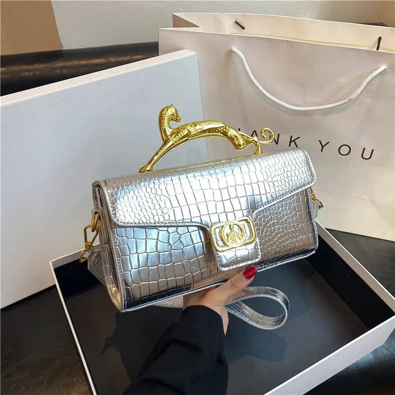 26x5x14cm / 9163 Silver Luxury Leopard Alligator Pattern leather Bags Colorful Crossbody Bag Causal Crocodile Shoulder Bag Small Flap Top-handle Clutch