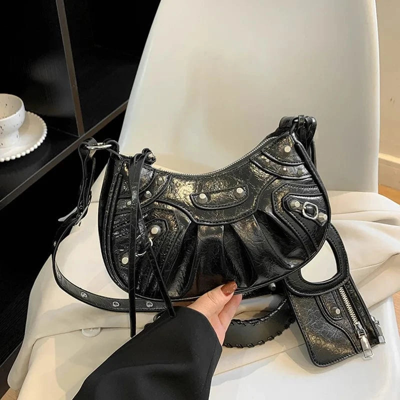 26x8x16cm / 6299 Black Women Tassel Handbags Purses Set Rivet PU Leather Pleated Shoulder Bag Crossbody Female Purse Multi-pocket Denim Moon Saddle Bag