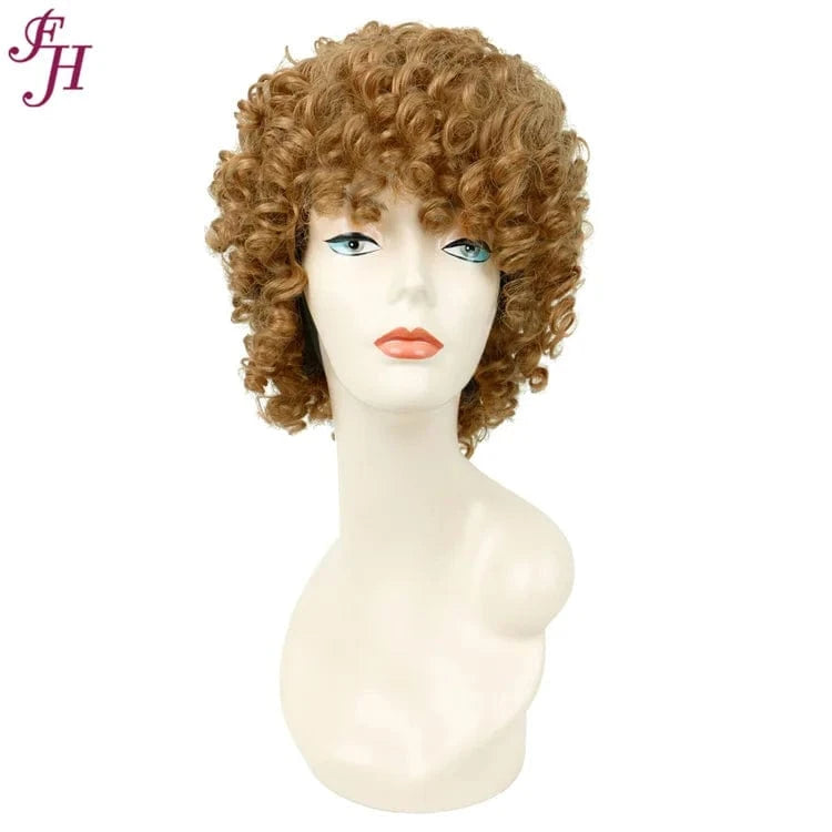 #27 FH Best Quality Raw Virgin Human Hair Wig No Lace Short Brown Curly Wig 100% Human Hair Machine Made Wig With Bang