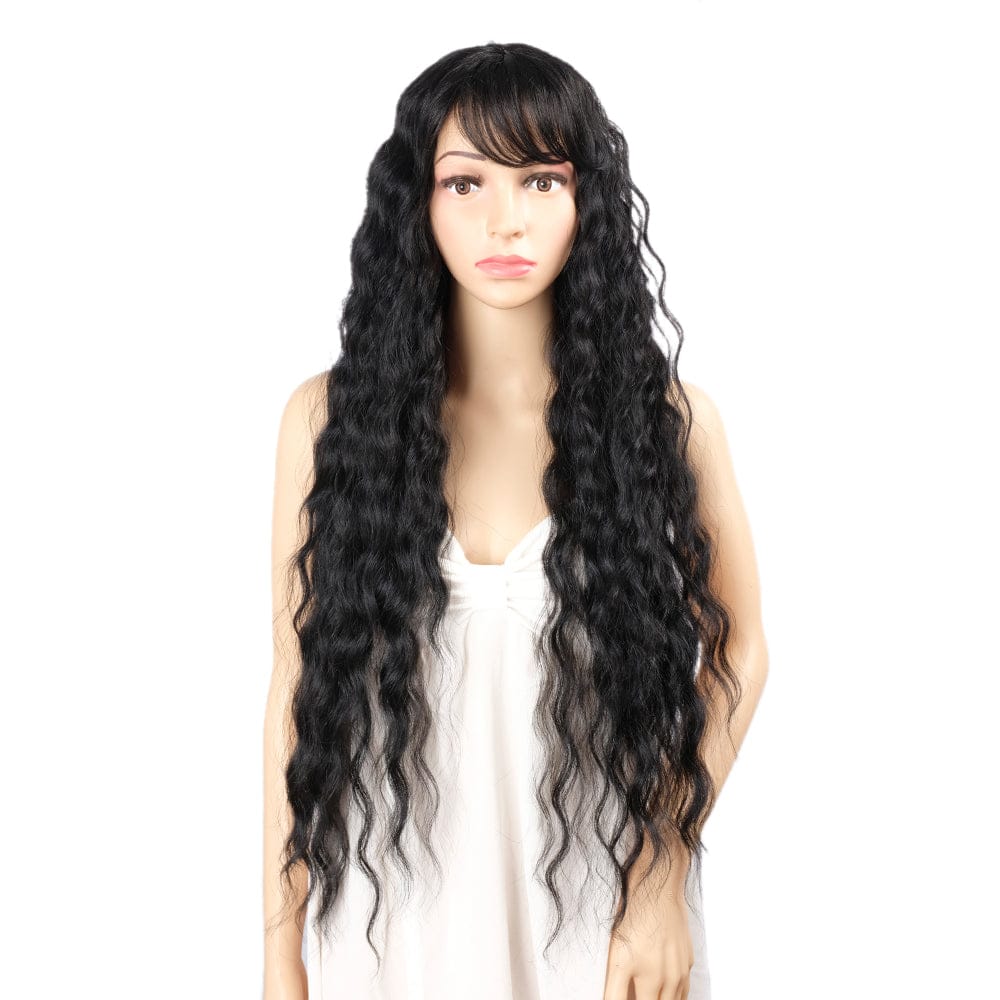 28 Inches / 1B Synthetic Wigs for women sleek quality wholesale made machine wig heat resistant Long Water Wave With Bang Synthetic Hair Wigs