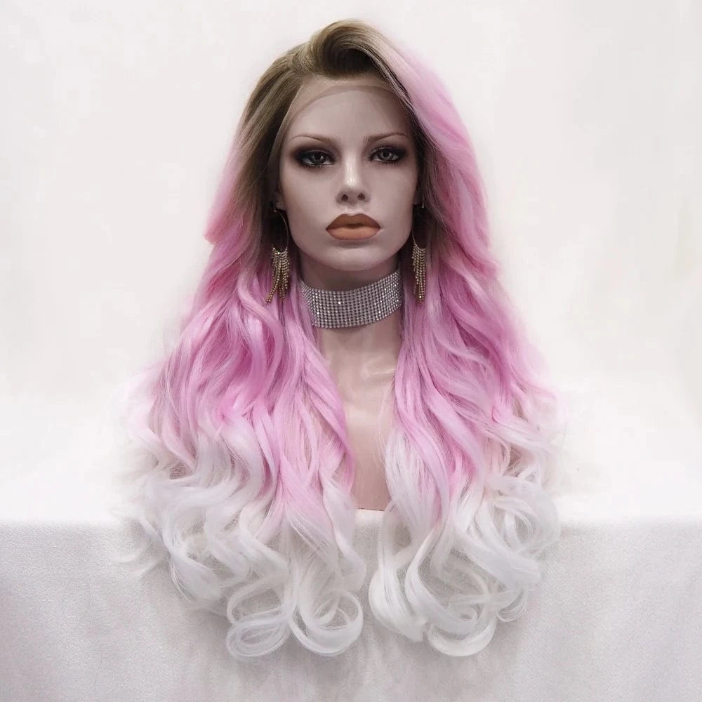28 Inches / N5-C152-GL Celebrity 180% density Preplucked Natural Hairline natural dark root pink white Color 28inch synthetic lace wigs heat resistant
