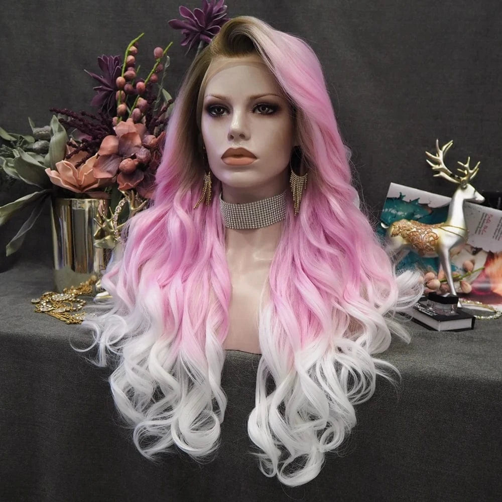28 Inches / N5-C152-GL Celebrity 180% density Preplucked Natural Hairline natural dark root pink white Color 28inch synthetic lace wigs heat resistant