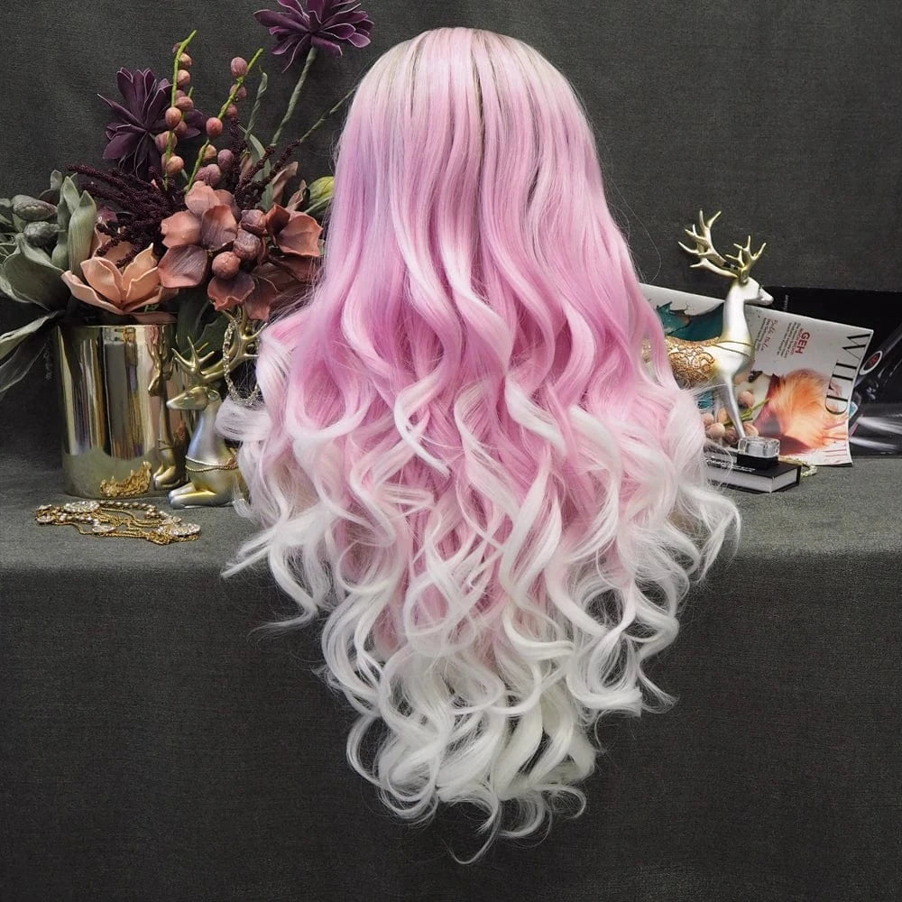 28 Inches / N5-C152-GL Celebrity 180% density Preplucked Natural Hairline natural dark root pink white Color 28inch synthetic lace wigs heat resistant