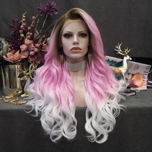 28 Inches / N5-C152-GL Celebrity 180% density Preplucked Natural Hairline natural dark root pink white Color 28inch synthetic lace wigs heat resistant