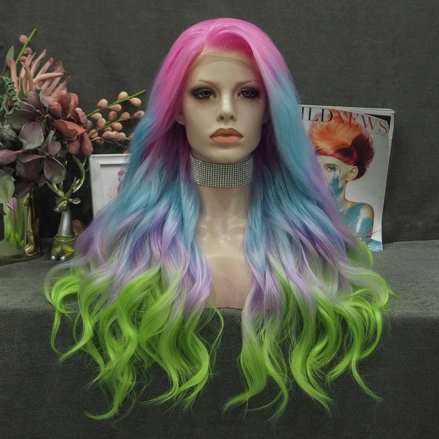 28 Inches / NQ6-C212 Celebrity Ombre Brown Rainbow Multicolor Colorful Wig Silky Straight Heat Resistant Fiber Synthetic Lace Front Wig for Cosplay
